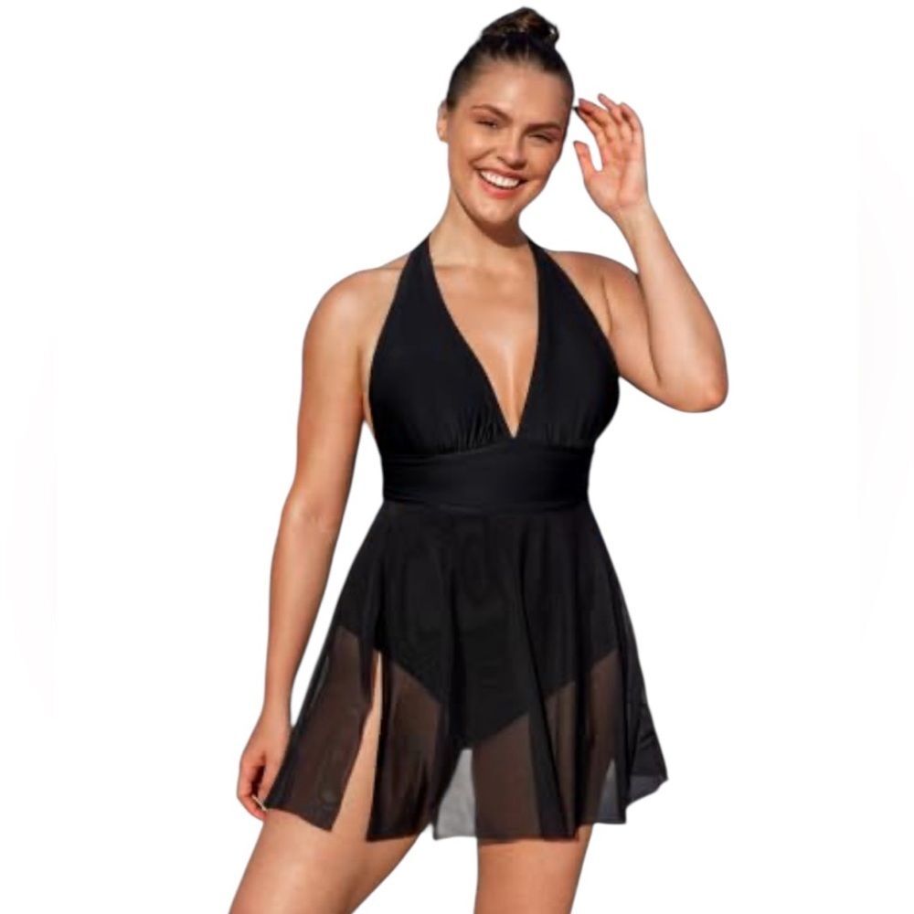 Cupshe Black One Piece Swimsuit Dress Halter Top Tummy Control Womens 1X NEW